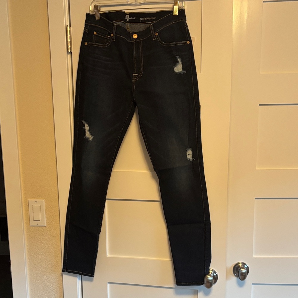 7 For All Mankind Dark Blue Distressed Skinny Jeans